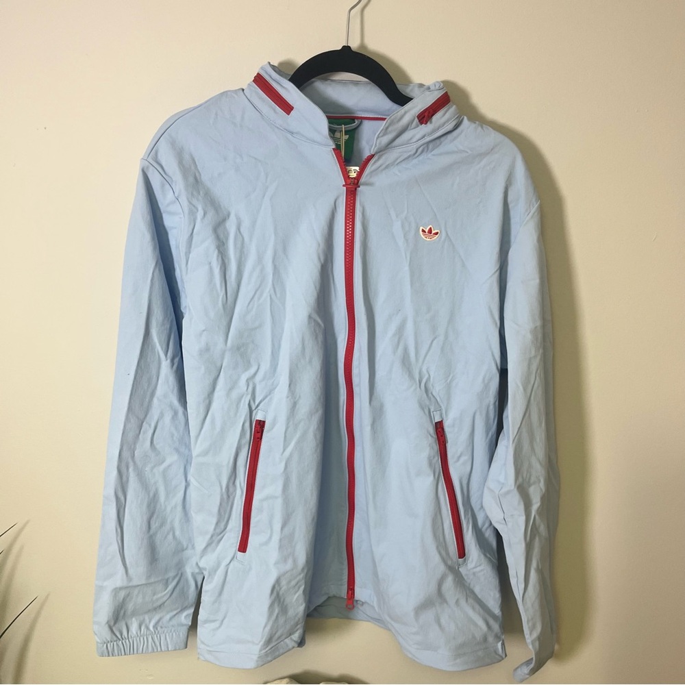 adidas Light Blue Zip Up Sweater with Red Accents